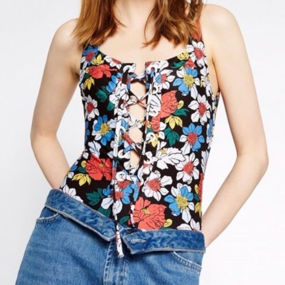 RECYCLED - ZARA small PRINTED FLORAL SWIMSUIT lace one piece